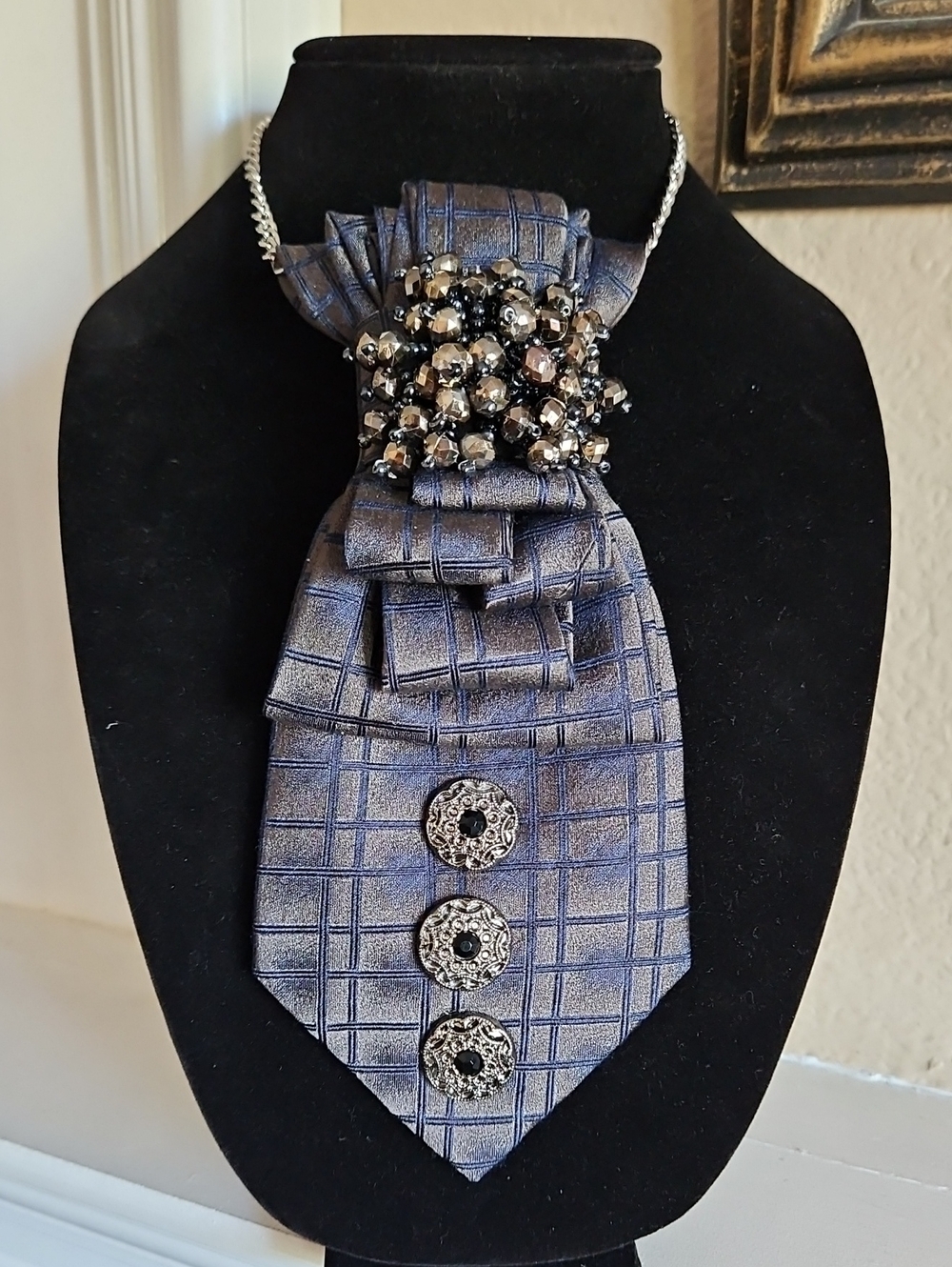 Pavone Upcycled Blue and Gray Plaid Necktie Necklace